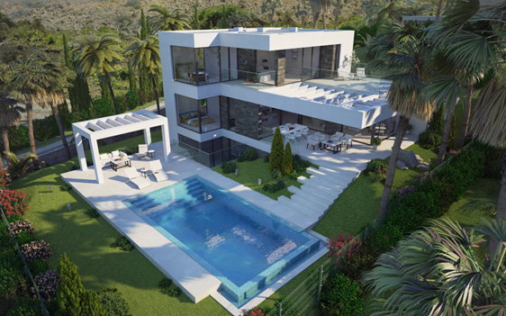 Villas in Spain 3d rendering. Take a rest near pool and enjoy luxury real estate.