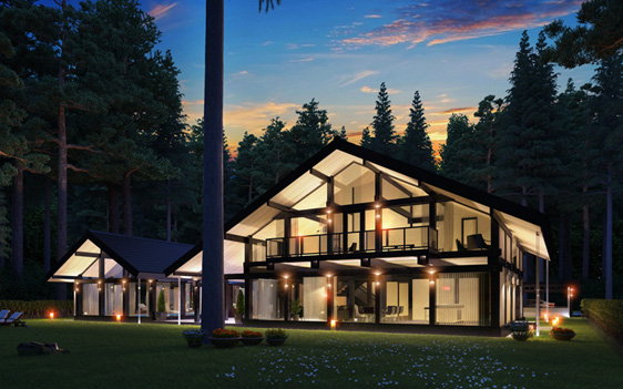 Wood & glass private house 3d rendering.