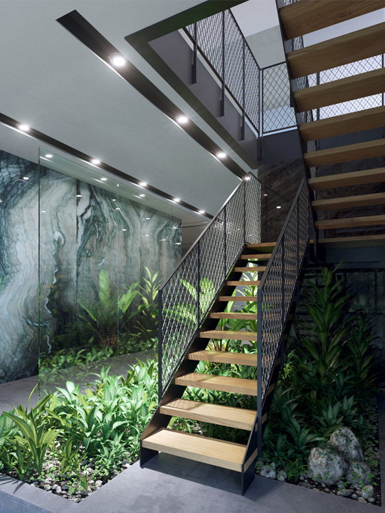 White interior with green garden inside.