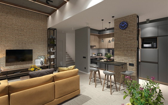 Great interior design, simple modern forms. Grey, wood and white.