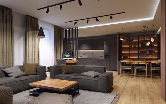 Interior with light loft elements, dark furniture and wooden parquet.